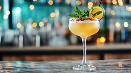 Refreshing cocktail glass garnished with lime and herbs, glowing with vibrant colors