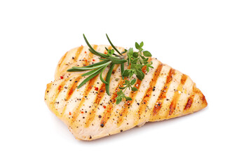 Chicken breast, fried meat, with spices isolated on white background.