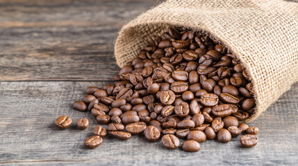 Fototapeta premium Close up of coffee beans spilling from burlap sack on wooden surface, creating rich aroma