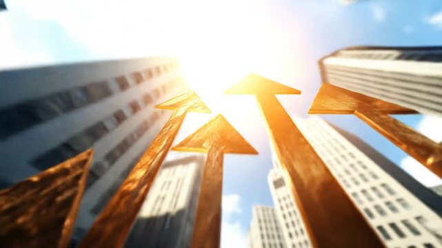 Golden arrow sculptures point skyward against blurred urban buildings and blue sky