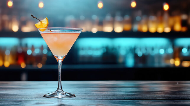 Refreshing cocktail glass with vibrant garnish, set against glowing bar backdrop