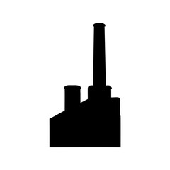 Dramatic silhouette of an industrial building with towering smokestack and smaller chimney