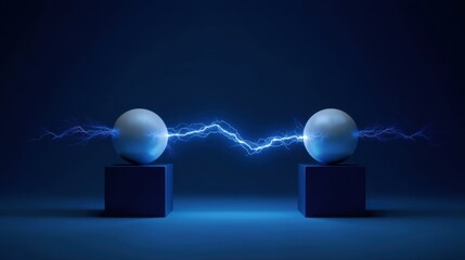 Two spherical objects emitting electric discharge rest on rectangular mounts against a dark blue background,