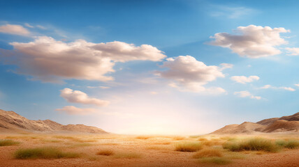 Naklejka premium Vast desert landscape under golden sunlight creates calm and spiritual atmosphere, inviting reflection and tranquility amidst natural beauty