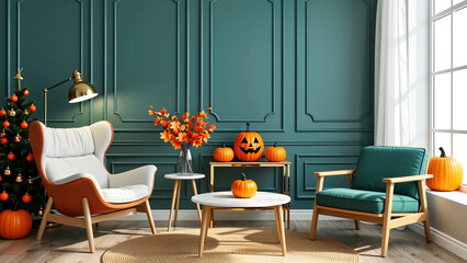Stylish room interior with creative Halloween decor with blank wall space
