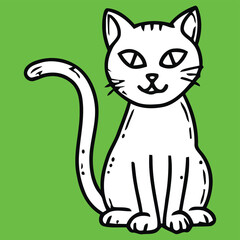 Black and white cat with green eyes illustration on green background