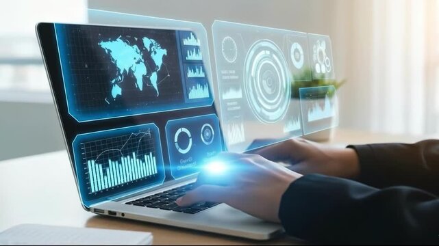 Hands typing on a laptop with futuristic holographic interface displaying world map, charts, and data analytics