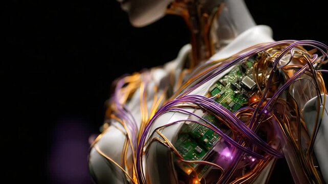 Futuristic Cybernetic Woman: A Stunning Showcase of Advanced Robotics with Glowing Circuits and Intricate Wiring, Blending Technology and Aesthetics in a Captivating Display