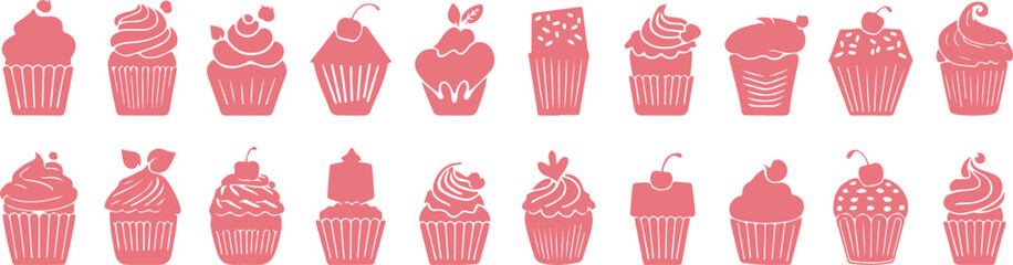cupcake clipart illustration, dessert baking vector, pink cupcake graphics, sweet food icons, bakery dessert set, cute cupcake clipart, printable dessert designs, pastry illustration pack, candy sweet