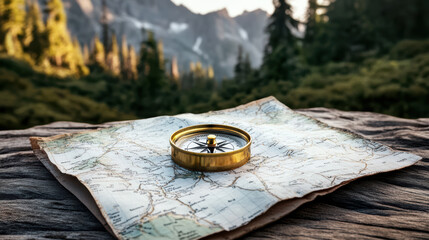 Glowing compass rests on detailed hiking map, surrounded by majestic mountains and lush trees