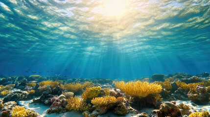 Fototapeta premium Vibrant coral reef underwater with sunlight filtering through water, creating serene atmosphere
