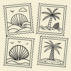 Vector art of a collection of summer vacation themed postage stamps includes a seashell, palm tree, and ocean perfect for travel themes © sabrina1122