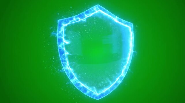 Glowing blue shield emblem with electric energy on a green background, symbolizing protection and digital security.