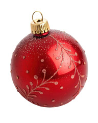 Shiny red Christmas ornament with intricate gold designs and golden cap, perfect for holiday decorations and festive celebrations