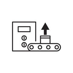 Editable stroke line icon of a conveyor belt with an upward arrow and control panel, symbolizing production increase, manufacturing growth, or efficiency gains. Perfect for apps and websites.