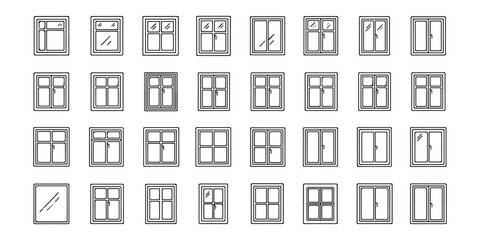 Set of window icons in different styles, architecture and design concept, minimalist line art, isolated on white background