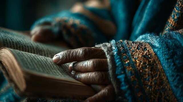 Close-up of Elderly Hands Reading Ancient Text in a Book, Wearing Embroidered Blue Clothing, Spiritual, Wisdom