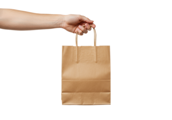 Adult caucasian hand holding a pristine, empty, natural brown kraft paper shopping bag, isolated on a transparent seamless studio background with negative space, concept for retail packaging