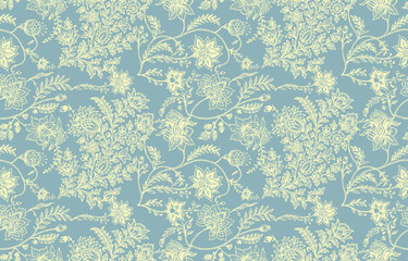 floral pattern vintage ethnic modern embroidery texture boho design vector illustration hand drawn pink flower motif branches leaves wallpaper seamless background border.