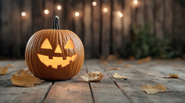 Glowing jack olantern on wooden surface with autumn leaves and warm lights