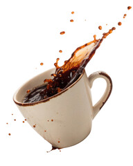 Cup of coffee with splashes, showcasing dynamic and energetic scene. rich, dark liquid contrasts beautifully with light colored cup, creating