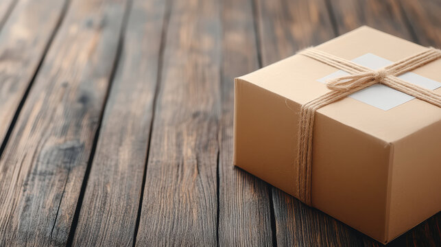 Wrapped delivery box sits on rustic wooden surface, evoking sense of anticipation and care