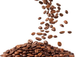 Naklejka premium Freshly roasted coffee beans cascade down onto mound, creating inviting and aromatic scene perfect for coffee lovers