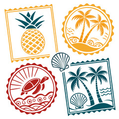 Obraz premium Vector art of colorful collection of tropical vacation stamps featuring pineapple, palm tree, seashell, and turtle designs, perfect for summer travel and holiday themes