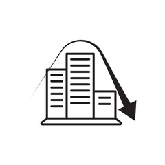 Editable stroke line icon of city buildings with a downward arrow, symbolizing economic decline, real estate downturn, or financial recession. Ideal for apps, websites, and infographics.