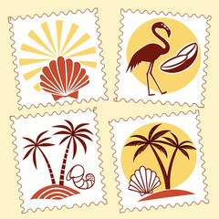 Naklejka premium Vector art of tropical paradise stamp collection featuring sun, palm tree, flamingo, leaves, and sea shell in a vintage style, perfect for summer and vacation themes