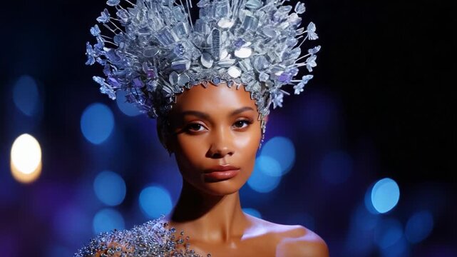 Captivating Elegance: A Model Showcasing an Intricate Crystal-Headdress Against a Dreamy Background of Soft Blue Lights