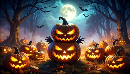 Halloween pumpkins in a spooky forest