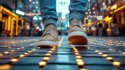Fototapeta premium Stylish shoes walking on illuminated street with festive lights creating vibrant atmosphere
