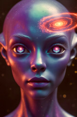 Futuristic and abstract digital art of a humanoid face with a smooth, metallic texture and purple-blue hues. The skin reflects vibrant colors, and the forehead features a glowing, galaxy-like pattern 