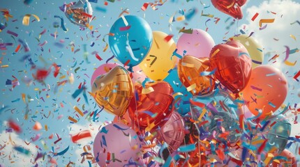 Colorful Balloons and Falling Confetti Against Blue Sky