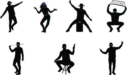 Expressive human silhouettes, neon highlights, digital art, performance poses, futuristic style,