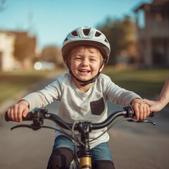 Naklejka premium Joyful Ride: A young boy experiences the thrill of riding his bicycle, his face alight with pure happiness and excitement. A parent's hand is nearby supporting him.