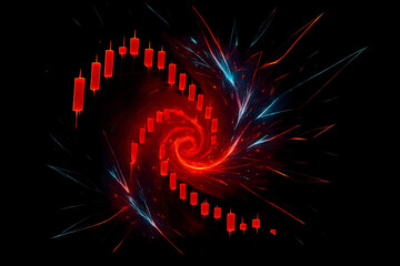 Fractal market collapse abstract red spiral candlestick chart digital art financial crisis energy dynamic glowing blue black