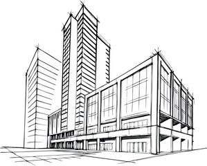 An architectural sketch of a building design showing the exterior facade and plan for an urban construction project