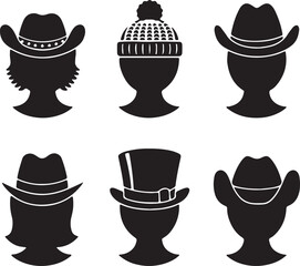 winter hat silhouette clipart, beanie hat illustration, wool cap vector, cold season accessories, knitted hat silhouettes, black white hat clipart, printable winter hats, fashion headwear icons, cozy 