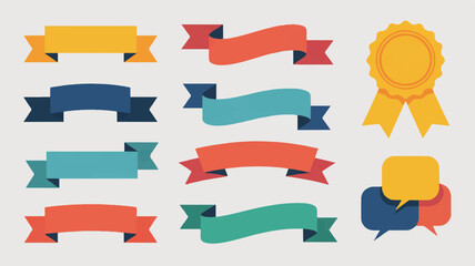 A flat design illustration of various ribbon banners and decorative elements arranged in a grid pattern on a white background. 