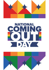 National Coming Out Day. Happy holiday. Pride month. LGBT rainbow flag. Diversity and equality. Gay and lesbian. Free love, heart shape. Illustration. Vector poster