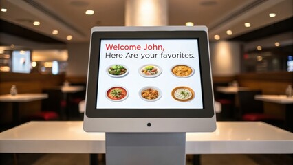 Personalized Customer Service Welcome screen displaying favorite dishes on a digital kiosk in a modern restaurant setting.
