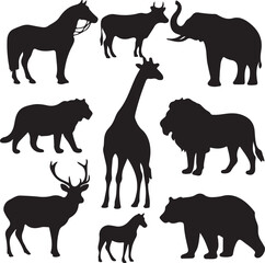 Animal Silhouette Set, Wildlife Safari Vector Clipart, African Animals Black Silhouettes Pack, Jungle Zoo Silhouette Collection, Horse Elephant Giraffe Silhouettes, Wild Nature Illustrations, Deer Lio