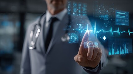 A healthcare professional interacts with digital health data to monitor patient vitals in a modern medical environment.