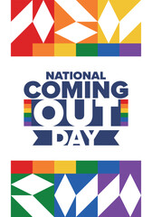 National Coming Out Day. Happy holiday. Pride month. LGBT rainbow flag. Diversity and equality. Gay and lesbian. Free love, heart shape. Illustration. Vector poster