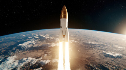 Naklejka premium Rocket launch space exploration Earth view clouds atmosphere propulsion technology adventure