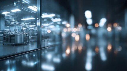 A modern industrial facility showcasing advanced machinery and technology through large glass windows.