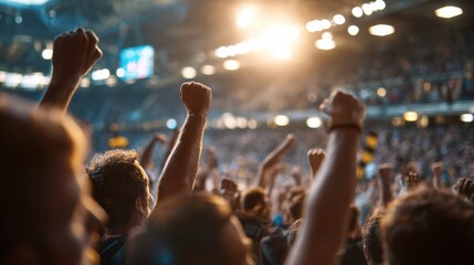 A passionate crowd with raised fists celebrating triumph at a live sporting event in a vibrant arena atmosphere.