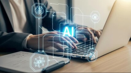 Businessman typing on a laptop with ai technology interface overlay, representing artificial intelligence and digital transformation in business - Powered by Adobe
